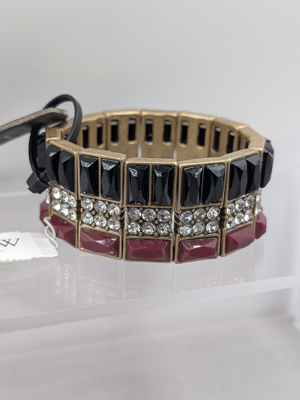 J.Crew Black Red Merlot Baguette Crystal Stretch Statement Bracelet NWT | 1208